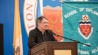 Archbishop Christophe Pierre On Stage 320x180 Archbishop Christophe Pierre speaks on stage as part of the World Leaders Forum series.