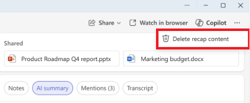 Red box around the delete recap content button in MS Teams