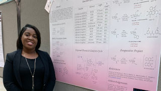 Student in lab, experimentingZena and Jason win awardDesiree Harris presenting research