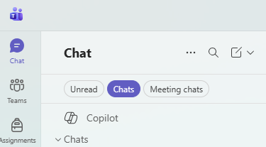 Microsoft Teams chat interface with unread chat and meeting chat sections displayed.