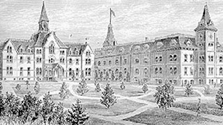 Seminary and College building 1869. Rear view of the seminary on the left and the college building on the right. - AAN