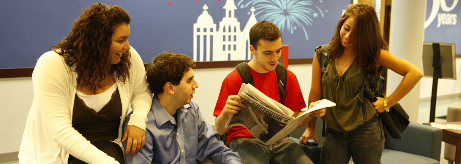 Commuter students talking in between classes. 