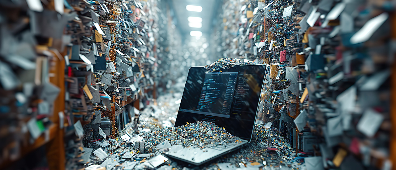A photo of a laptop on the ground amidst a pile of debris.