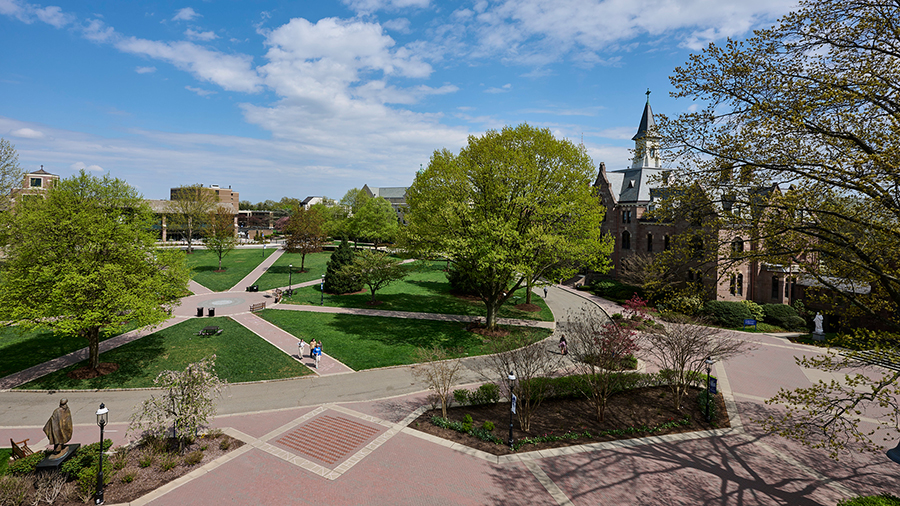 An aerial photo of the University Green with Presidents Hall on the right.