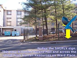 Seton Hall Shuttle virtual tour. Image highlights Human resources, located behind Boland hall.