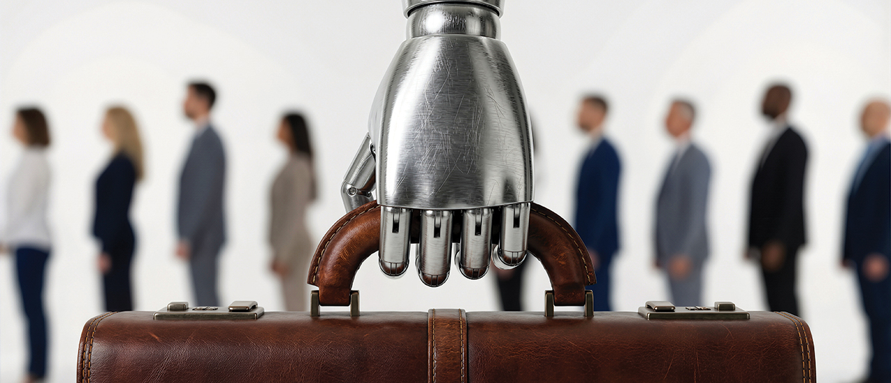 Brave New Purpose A robot hand holding a briefcase with business people in the background.