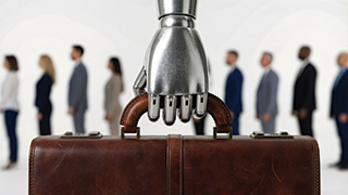 A robot hand holding a briefcase with business people in the background.