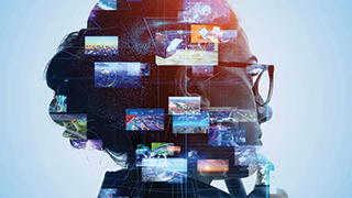 A person facing right which images overlayed upon the head.