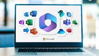 Laptop with home screen of Microsoft apps