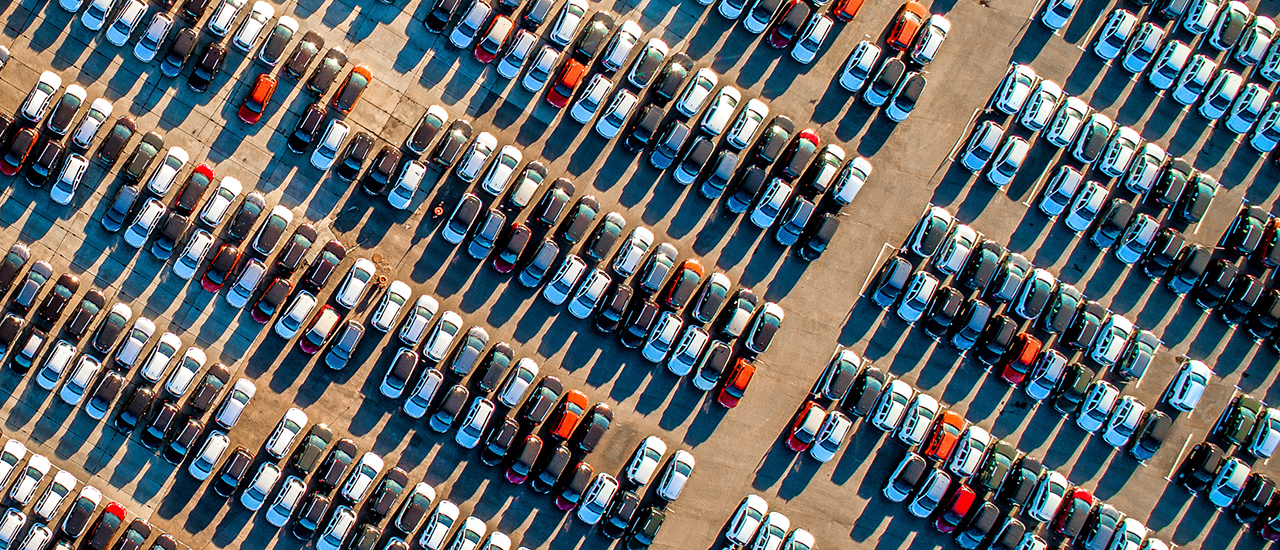 A parking lot full of cars.