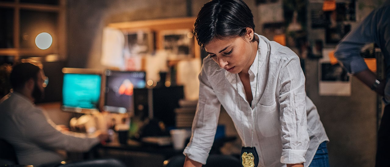 A police woman at headquarters.