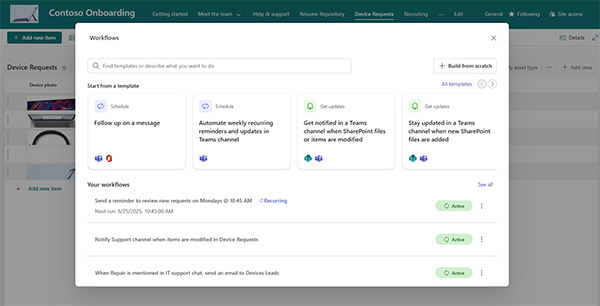 Screenshot of a sharepoint automation window