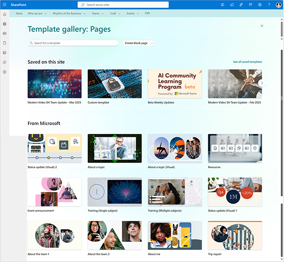 Screenshot of the sharepoint modern page template