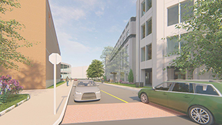 A rendering of the exterior side of the crosswalk on campus facing the Walsh Library.