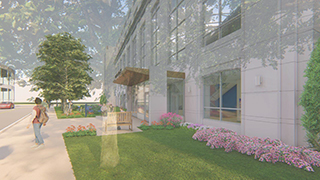 Exterior Render of the Walsh Library with a student walking out of the building. 
