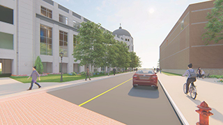 An exterior side shot of the Walsh Library mockup with students and faculty walking on the side walk. 
