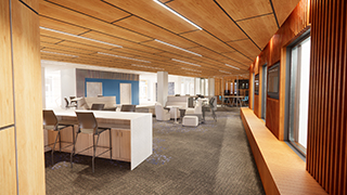 Walsh Library Interior Render- Wideshot of Workspaces