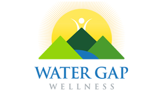 Graphic of Water Gap Wellness with mountains and a sunrise behind it. 