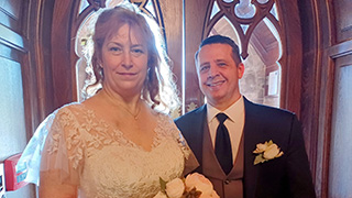 Barbara (left) and Chris Laureys (Right) standing together after renewing their wedding vows at the Chapel of Immaculate Conception to commemorate the 40th anniversary of their first date.